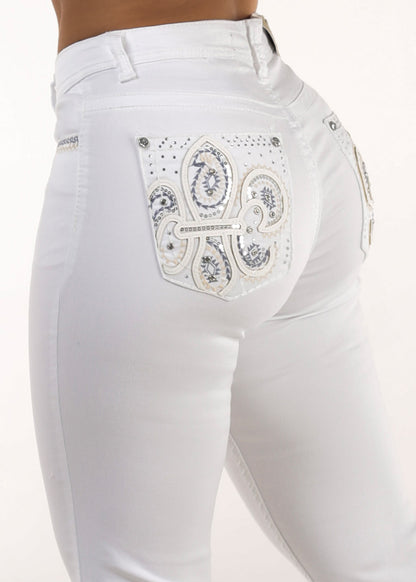 White Mid Rise Stretchy Bootcut Jeans