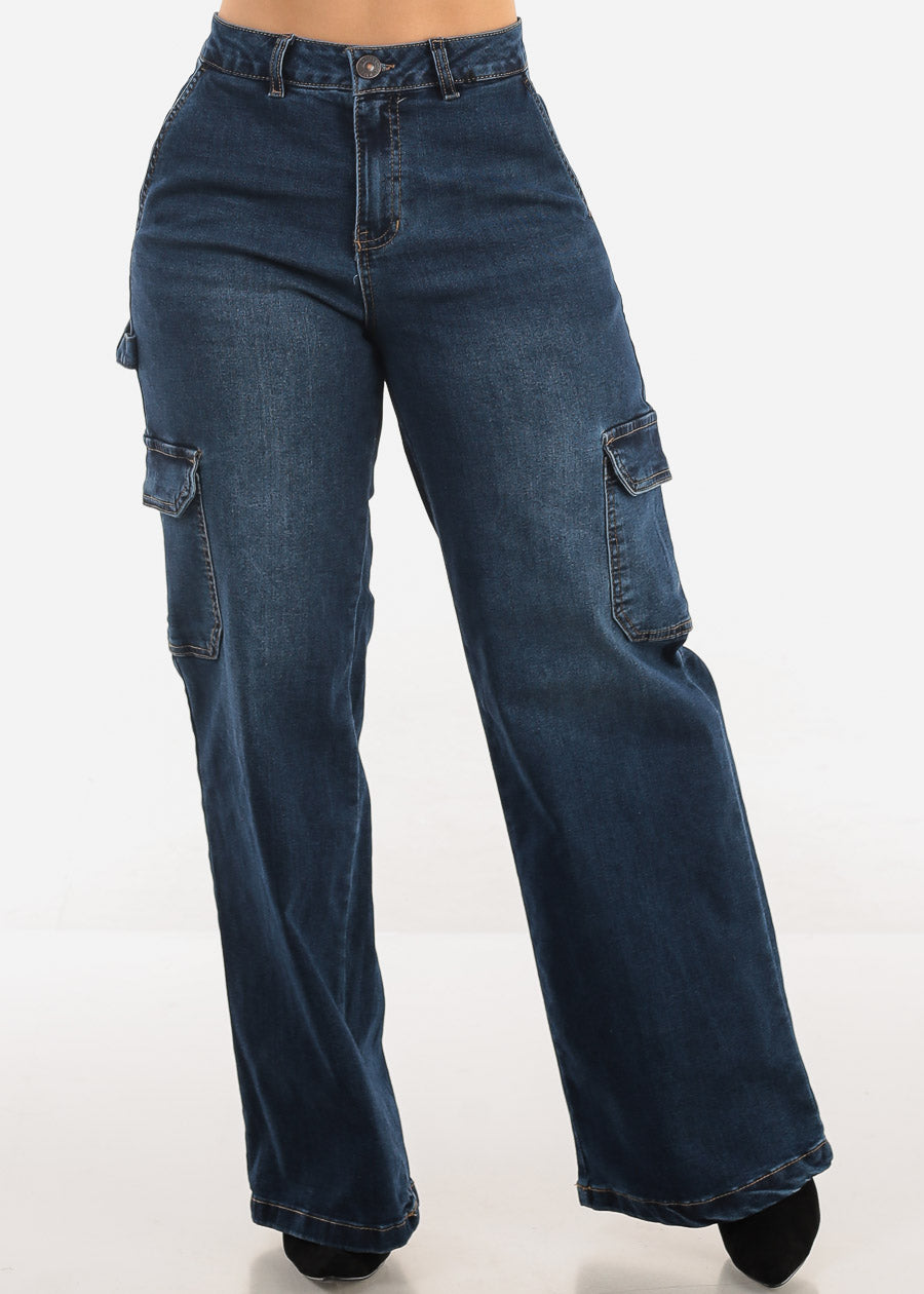 Super High Waist Wide Leg Cargo Jeans Dark Wash