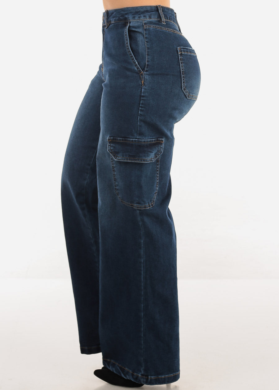 Super High Waist Wide Leg Cargo Jeans Dark Wash