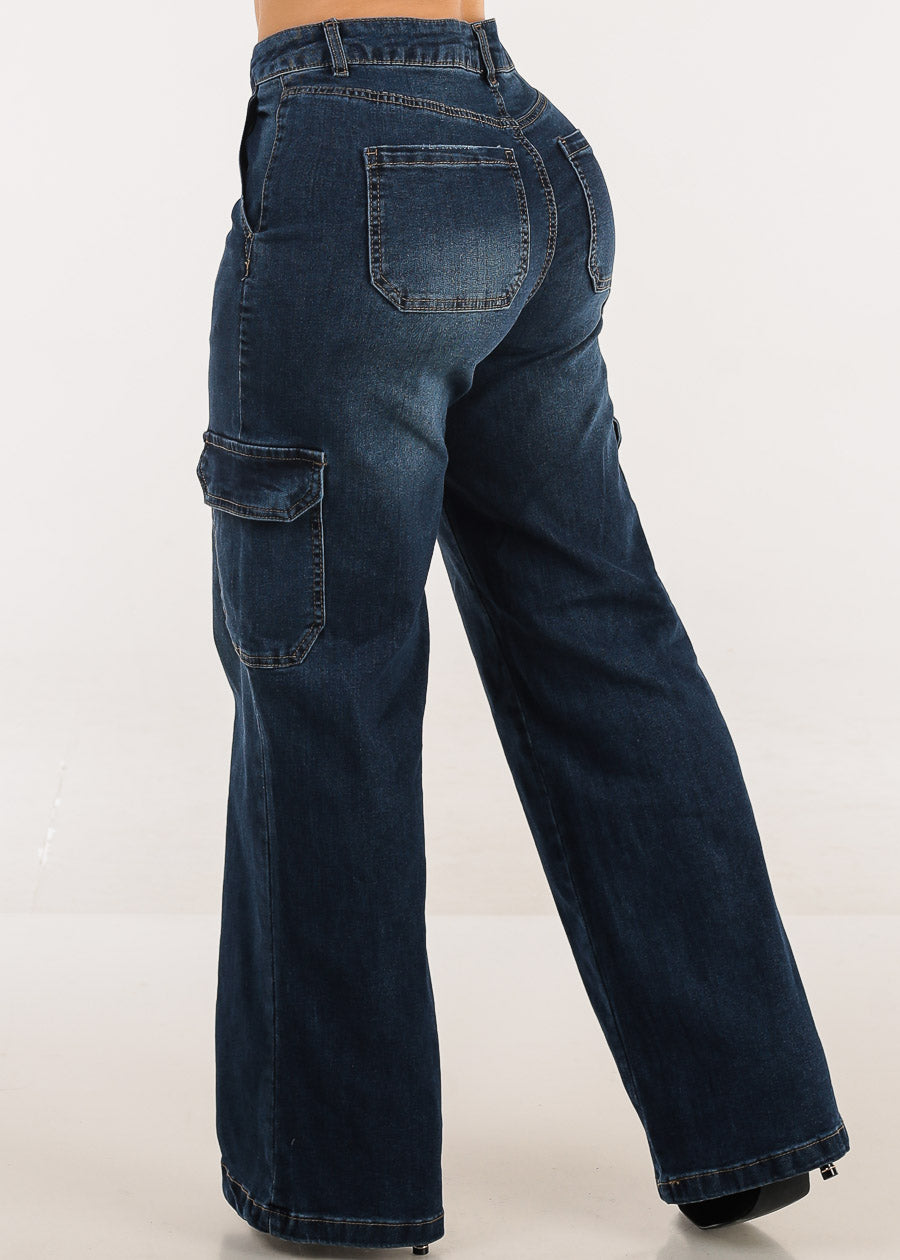 Super High Waist Wide Leg Cargo Jeans Dark Wash