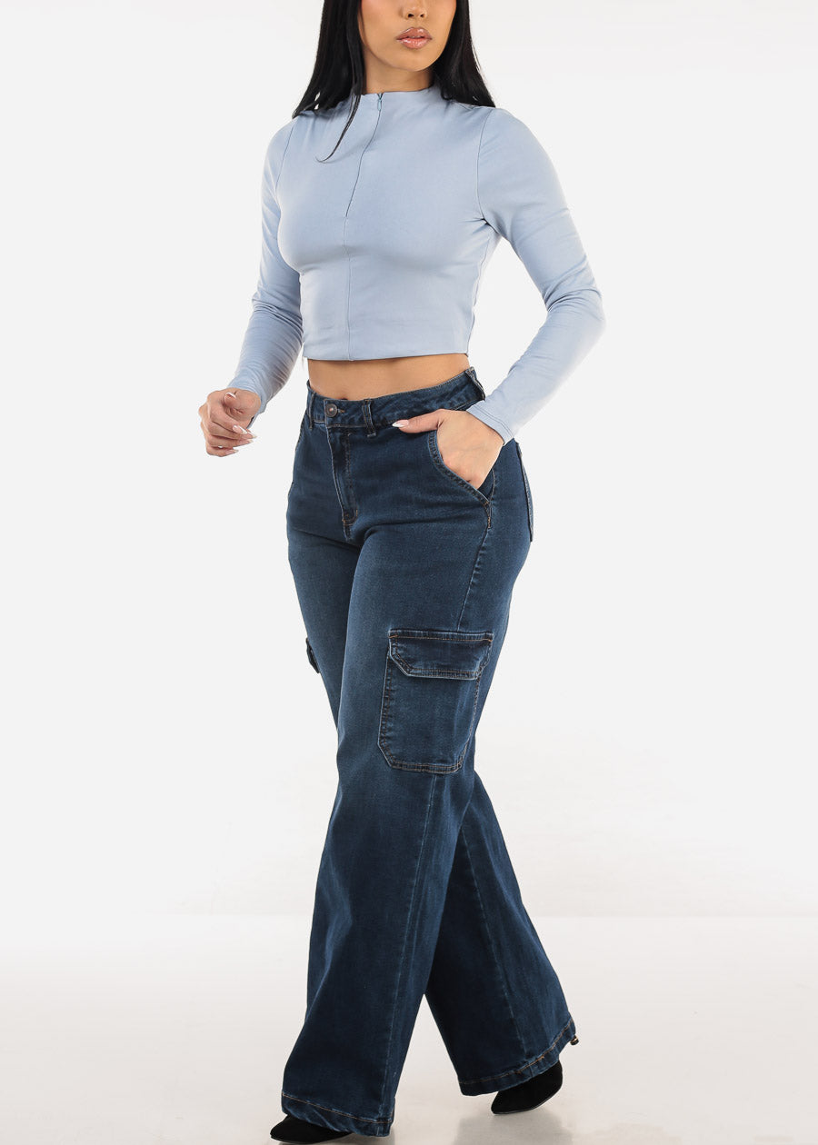 Super High Waist Wide Leg Cargo Jeans Dark Wash