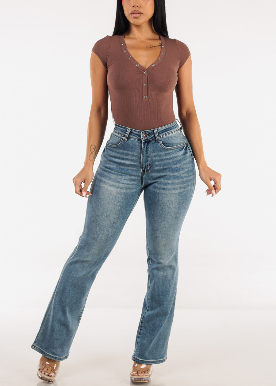 High Waist Stretchy Straight Wide Leg Jeans Med Wash