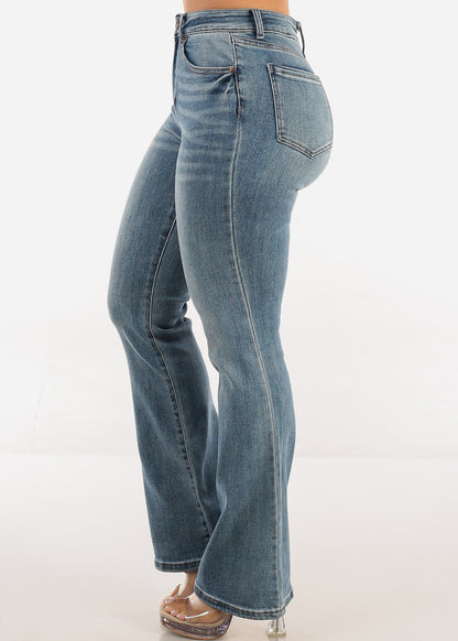 High Waist Stretchy Straight Wide Leg Jeans Med Wash