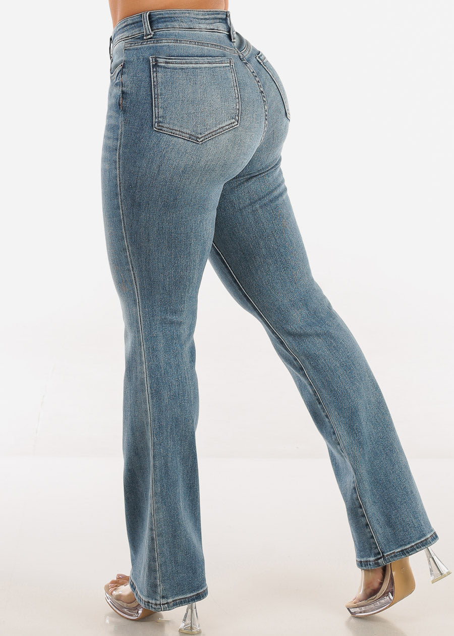 High Waist Stretchy Straight Wide Leg Jeans Med Wash