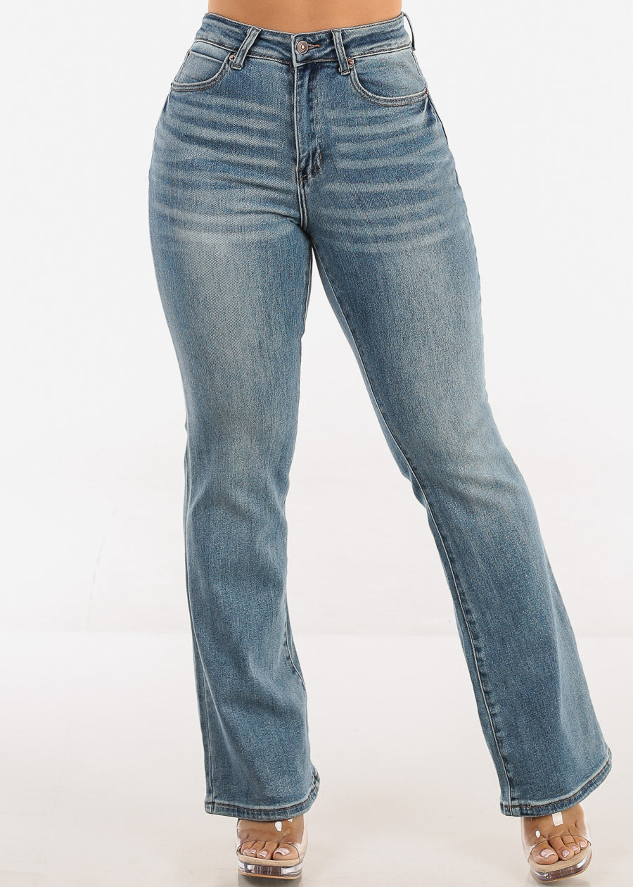 High Waist Stretchy Straight Wide Leg Jeans Med Wash