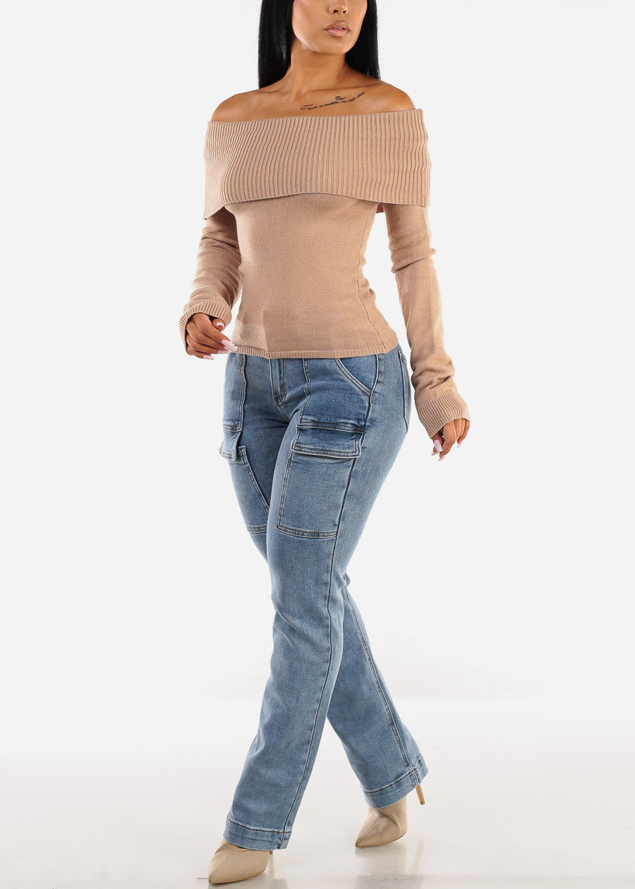 High Waist Straight Light Acid Wash Cargo Jeans