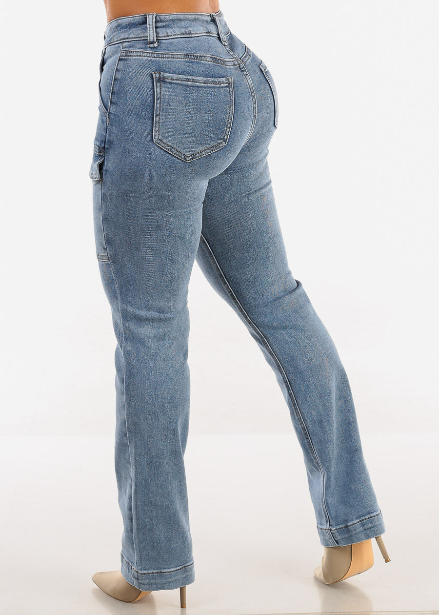 High Waist Straight Light Acid Wash Cargo Jeans