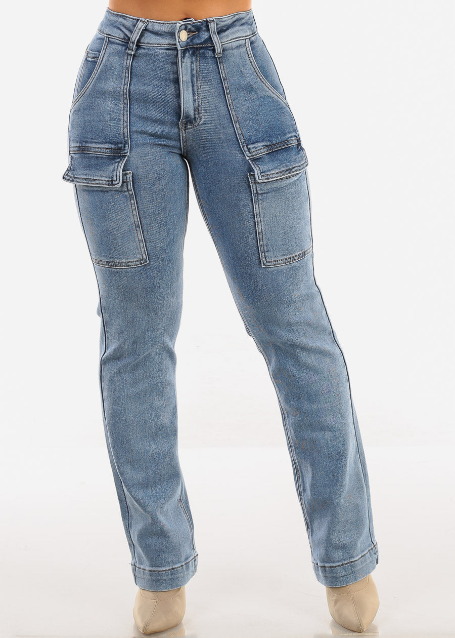 High Waist Straight Light Acid Wash Cargo Jeans