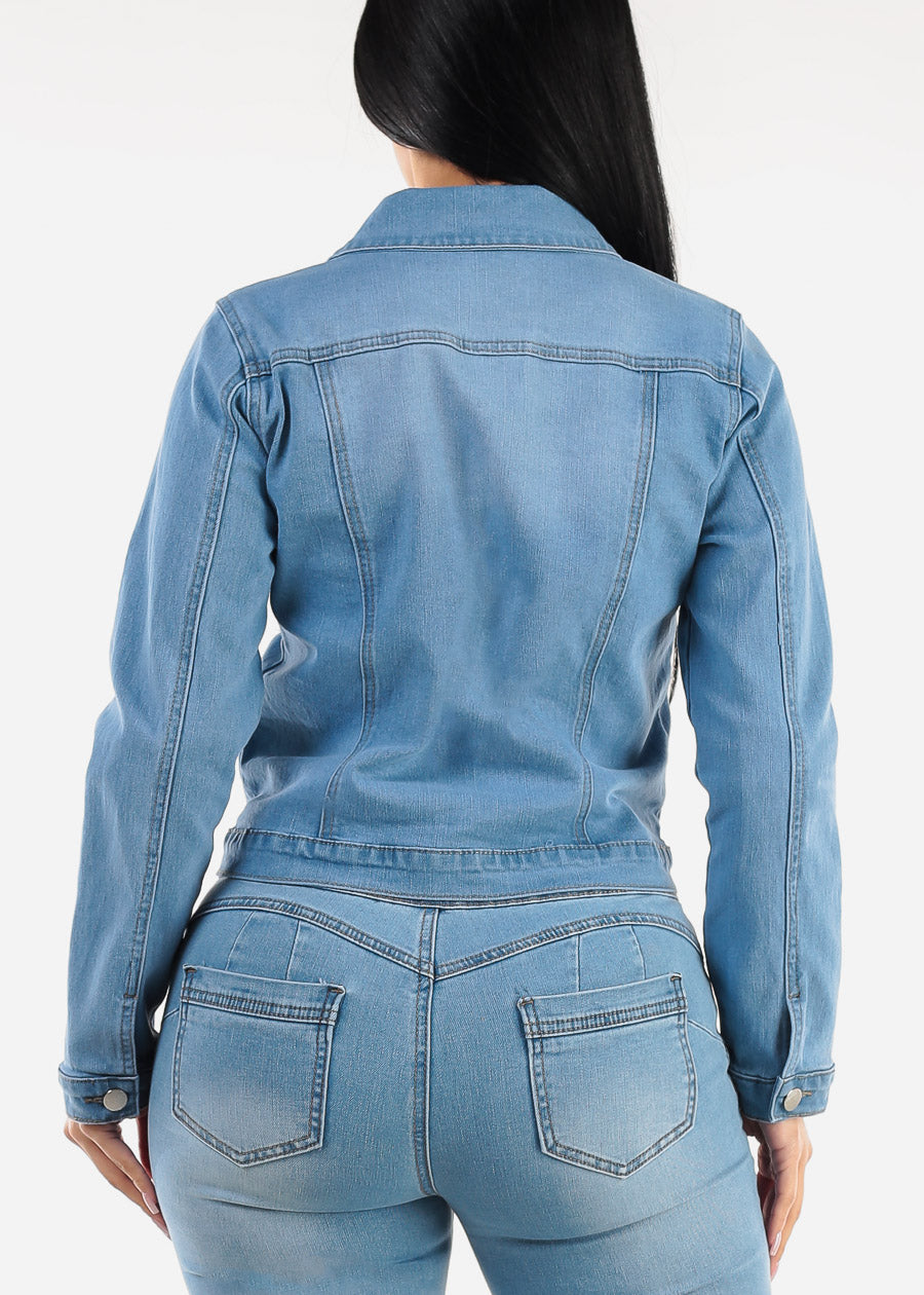 Long Sleeve Button Up Denim Jacket Light Blue