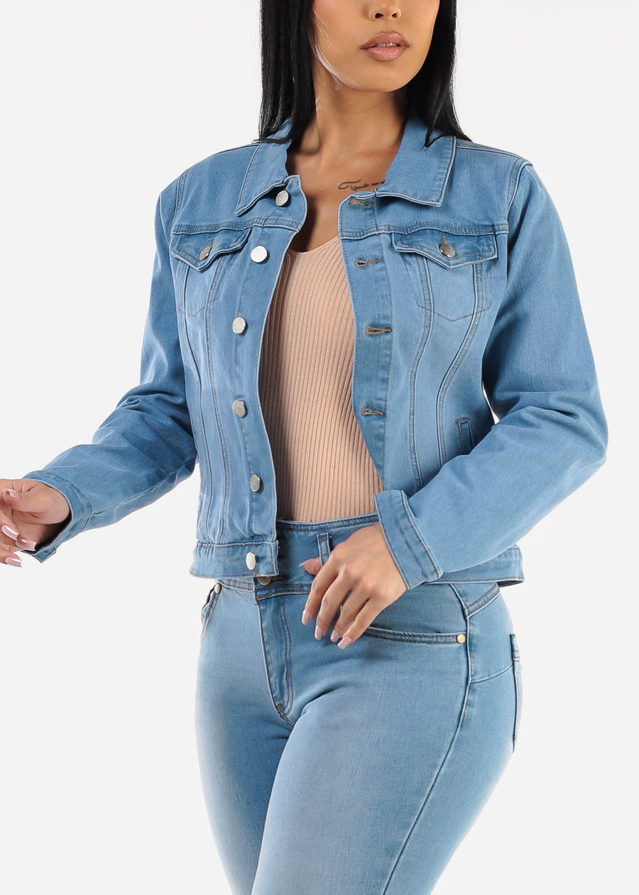 Long Sleeve Button Up Denim Jacket Light Blue