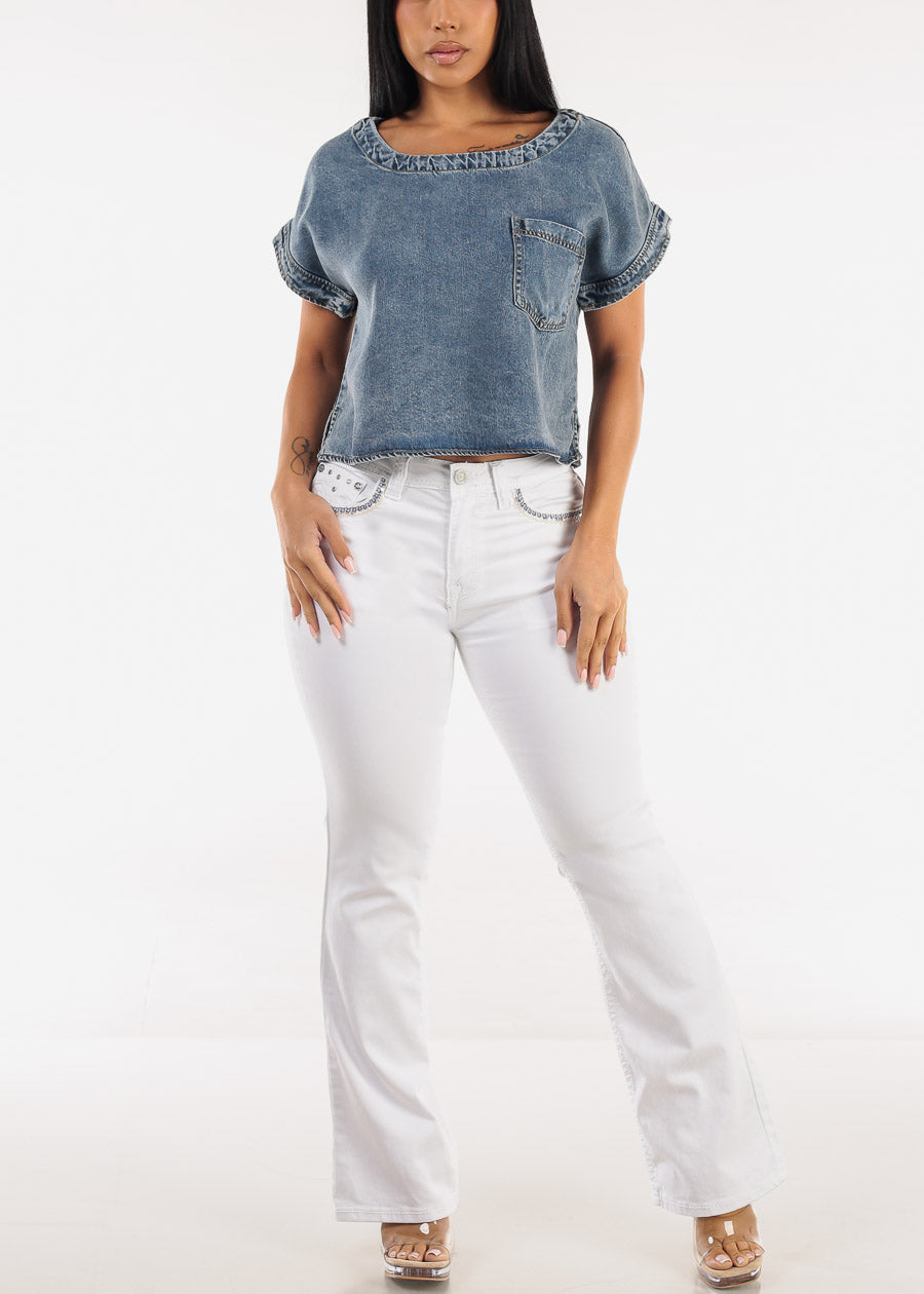 Short Sleeve Boat Neckline Denim Top Blue Wash