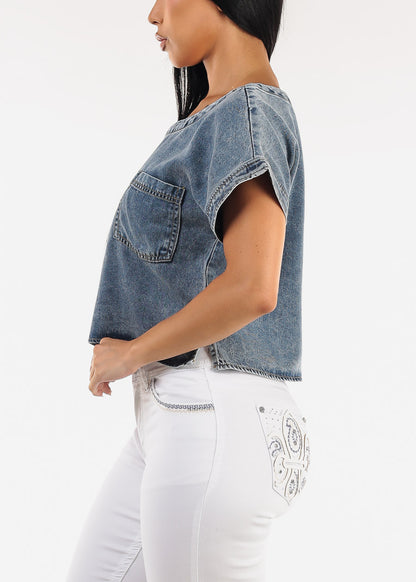 Short Sleeve Boat Neckline Denim Top Blue Wash