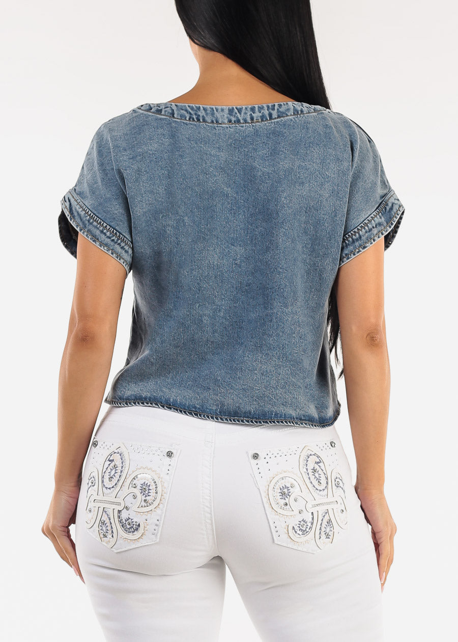 Short Sleeve Boat Neckline Denim Top Blue Wash