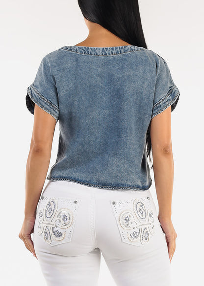 Short Sleeve Boat Neckline Denim Top Blue Wash