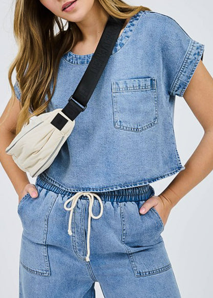 Short Sleeve Boat Neckline Denim Top Blue Wash