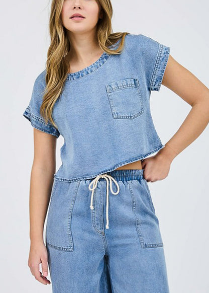 Short Sleeve Boat Neckline Denim Top Blue Wash