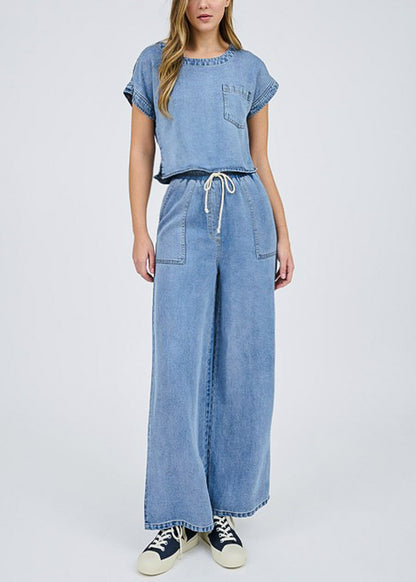 Short Sleeve Boat Neckline Denim Top Blue Wash