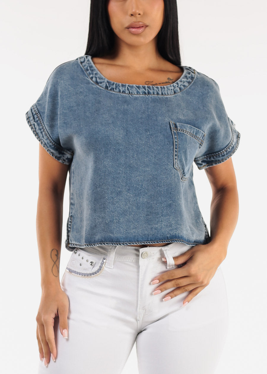 Short Sleeve Boat Neckline Denim Top Blue Wash