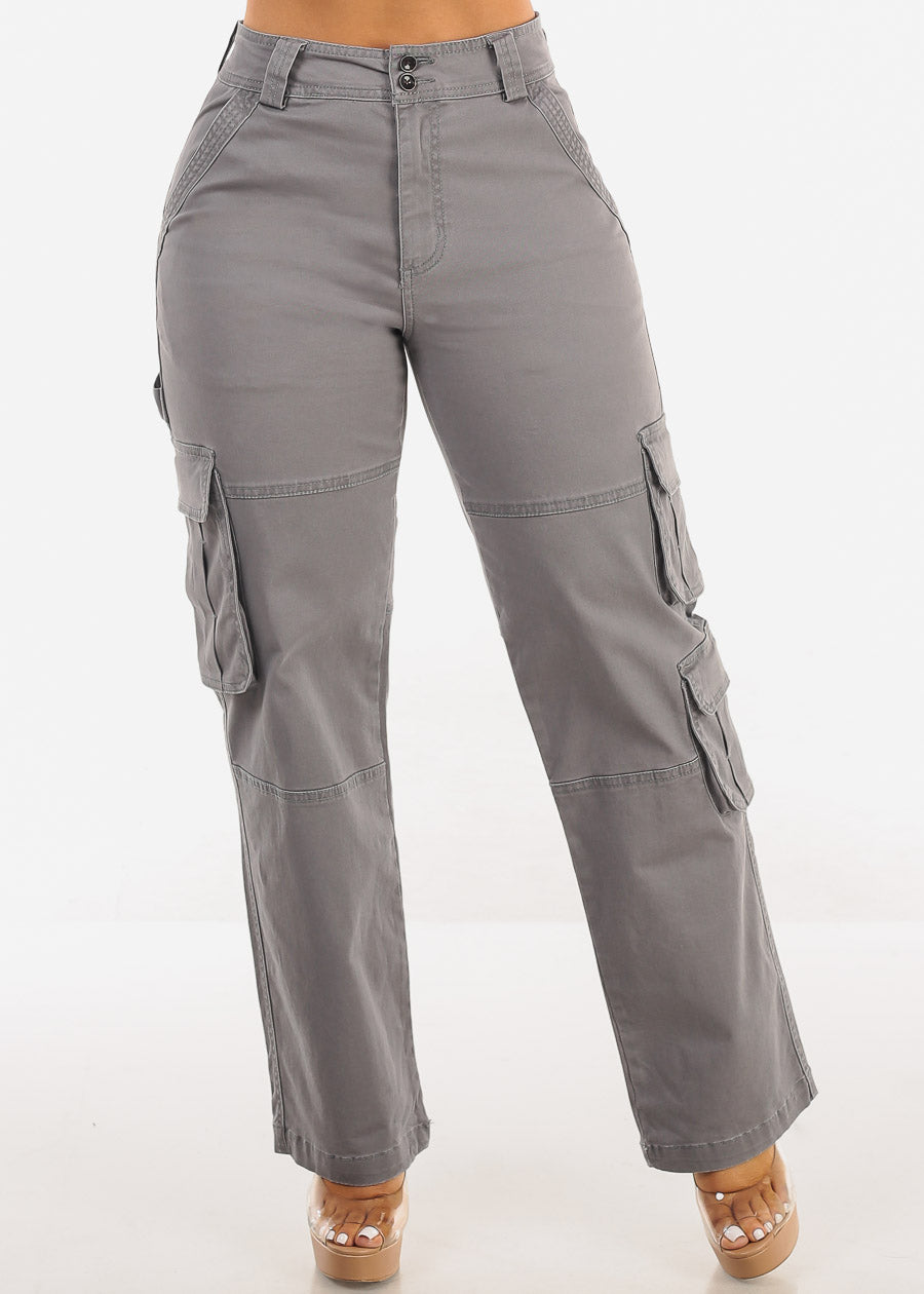 Butt Lift Straight Wide Leg Cargo Jeans Grey