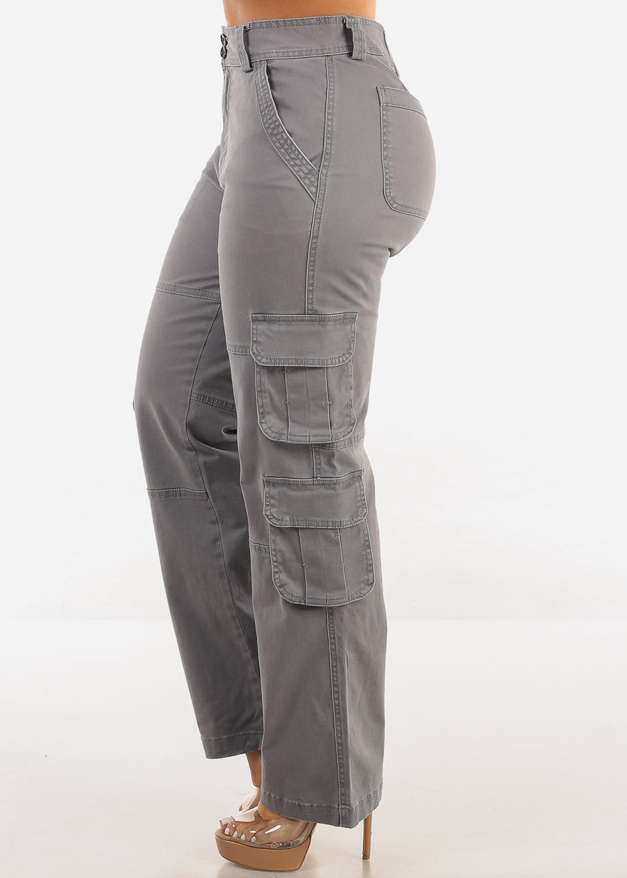 Butt Lift Straight Wide Leg Cargo Jeans Grey