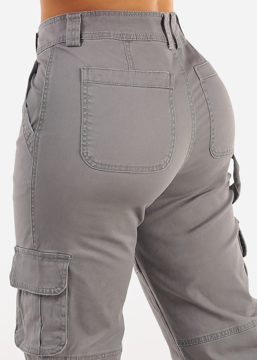 Butt Lift Straight Wide Leg Cargo Jeans Grey