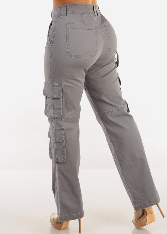 Butt Lift Straight Wide Leg Cargo Jeans Grey