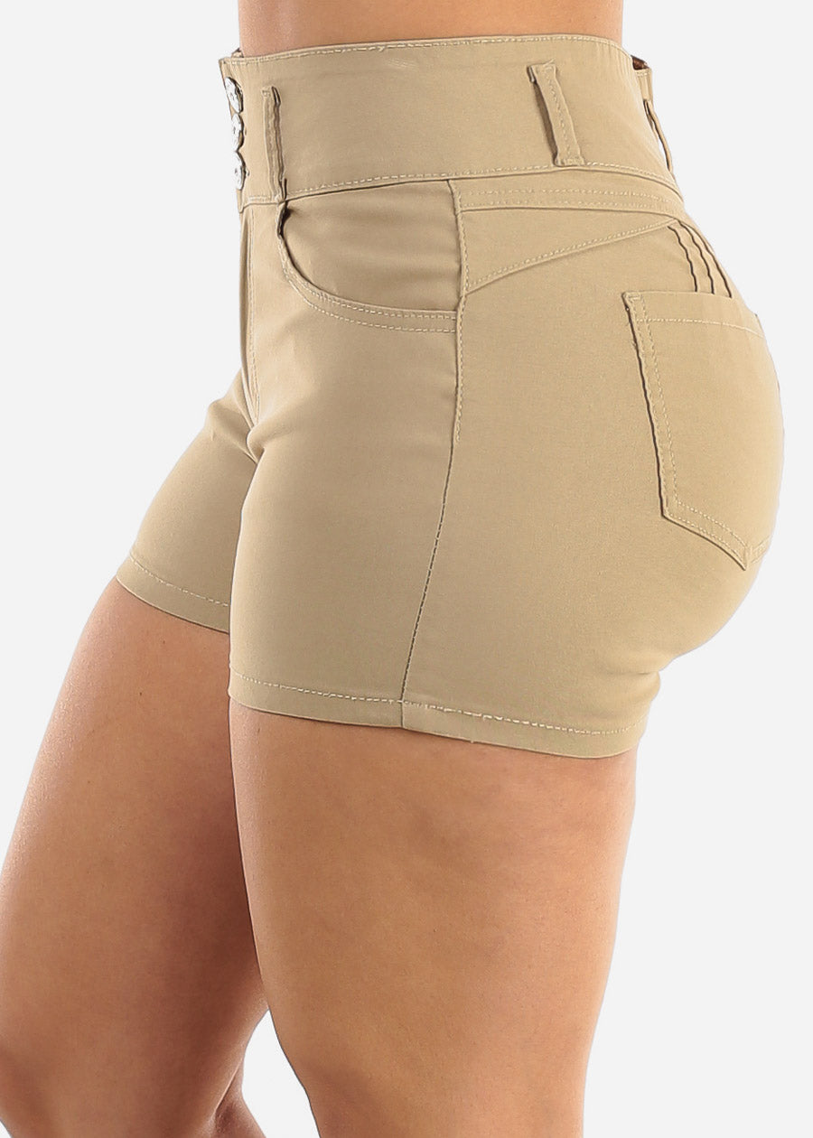 MX JEANS High Waist Hyper Stretch Butt Lifting Shorts Khaki