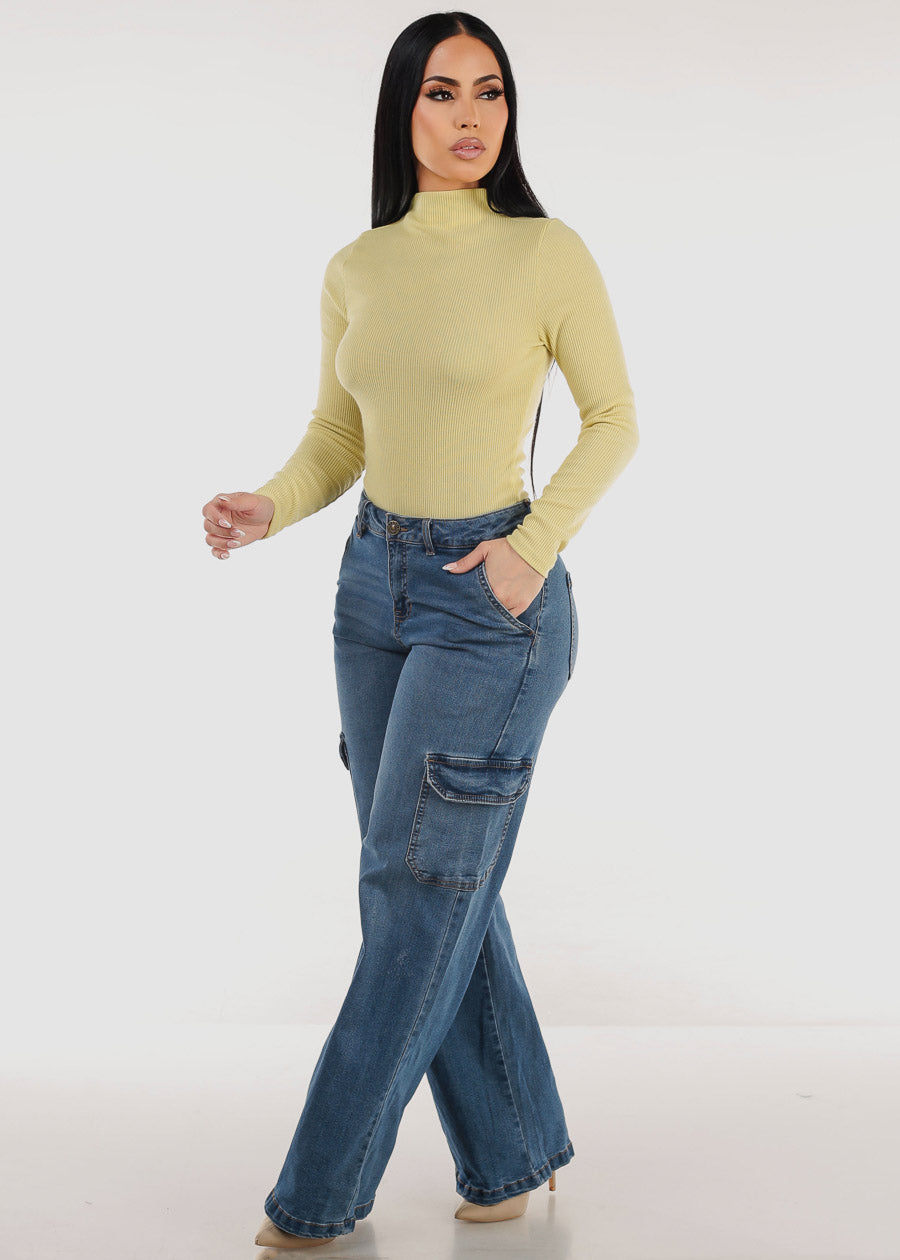 Super High Waist Wide Leg Cargo Jeans Med Wash