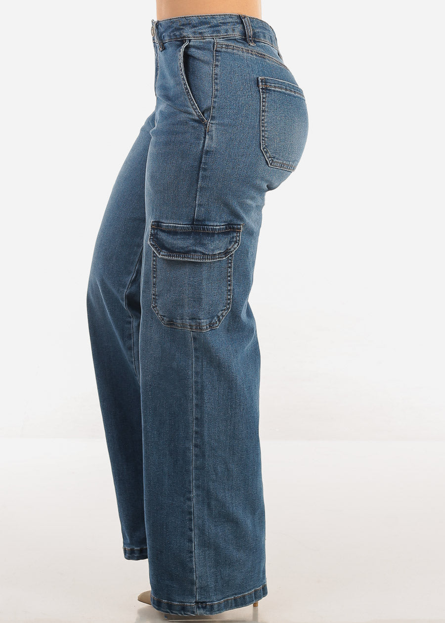 Super High Waist Wide Leg Cargo Jeans Med Wash