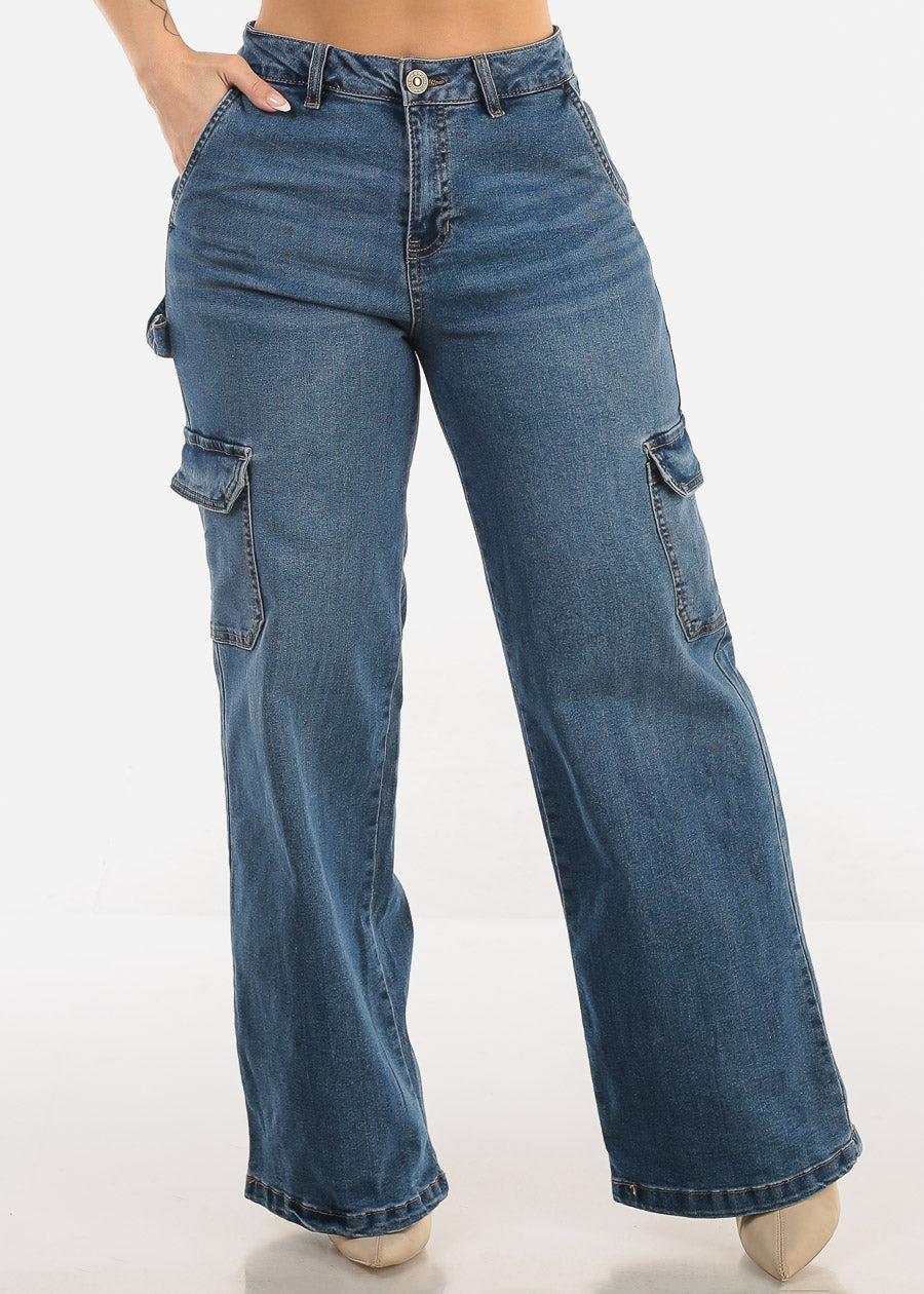 Super High Waist Wide Leg Cargo Jeans Med Wash