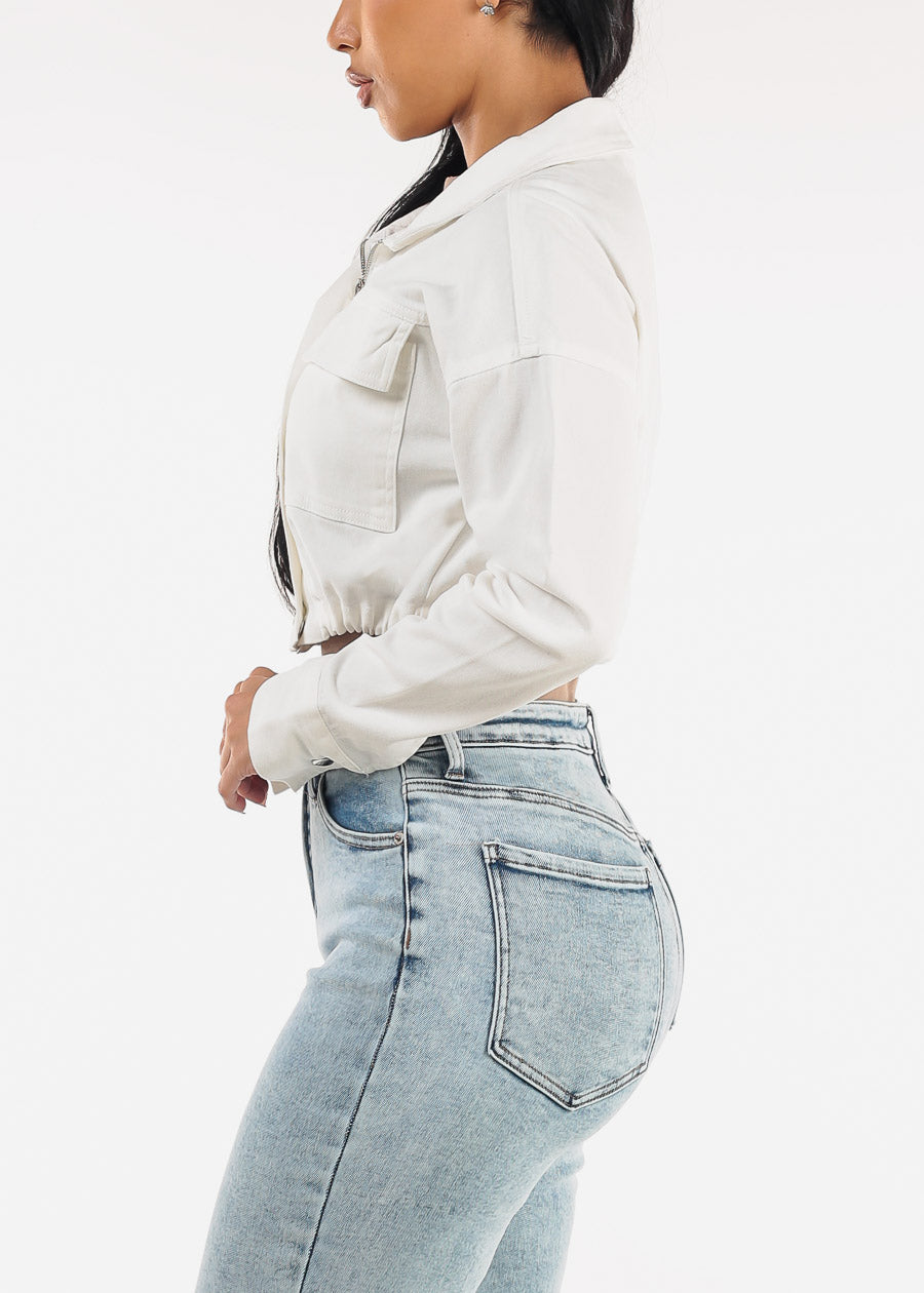 Long Sleeve Zip Up Stretch Cotton Cropped Jacket White