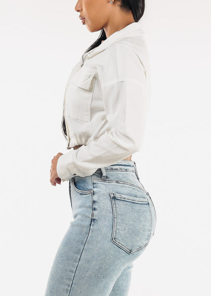 Long Sleeve Zip Up Stretch Cotton Cropped Jacket White