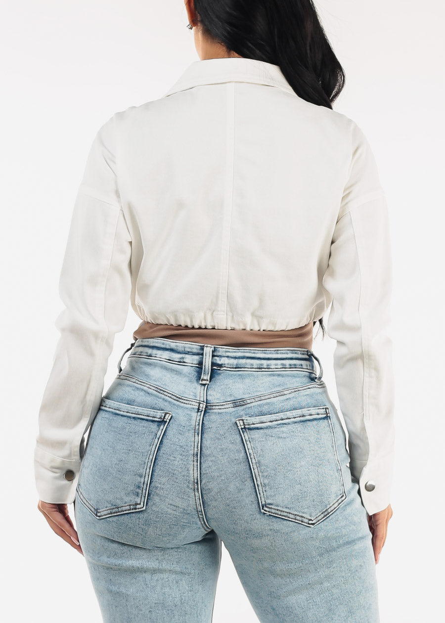 Long Sleeve Zip Up Stretch Cotton Cropped Jacket White