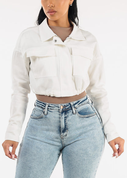 Long Sleeve Zip Up Stretch Cotton Cropped Jacket White