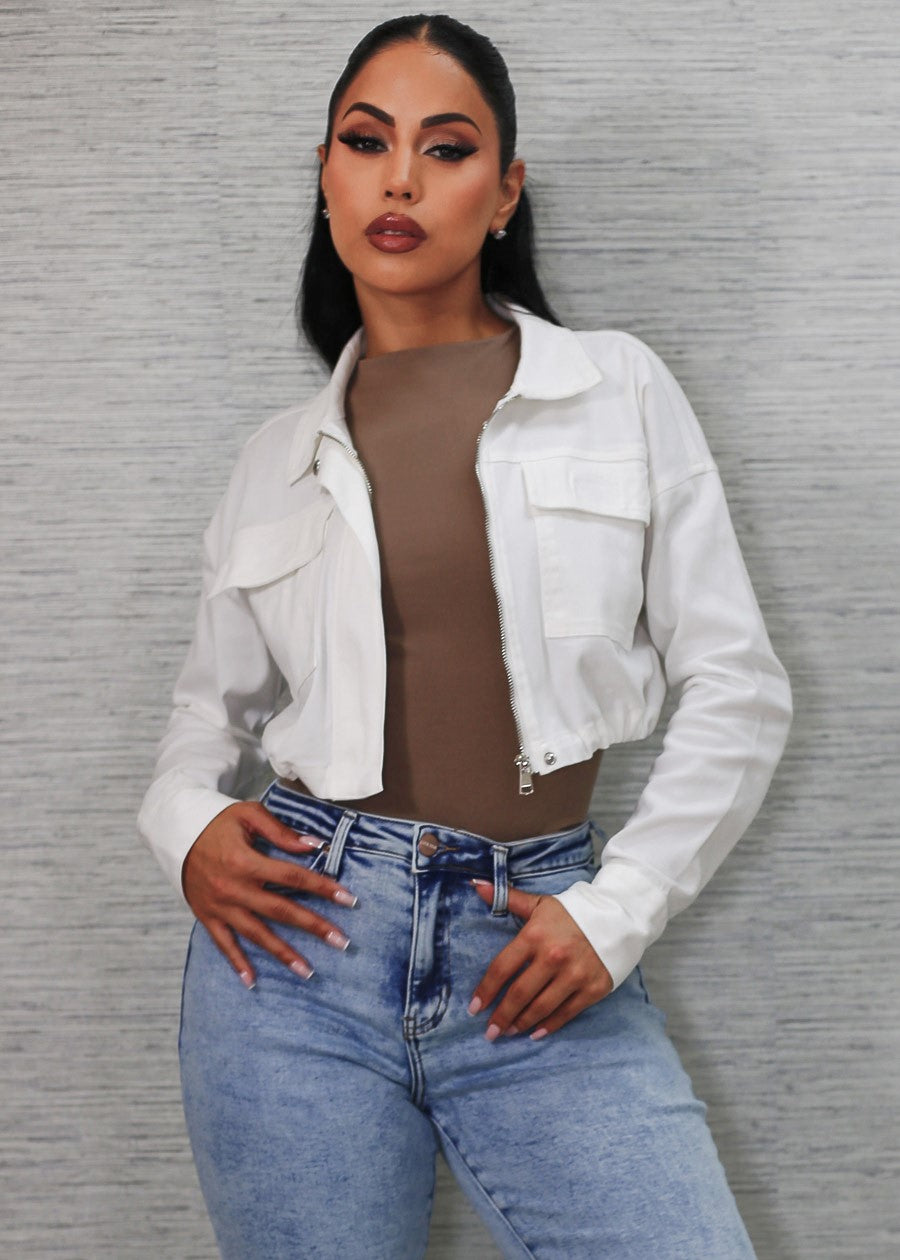 Long Sleeve Zip Up Stretch Cotton Cropped Jacket White