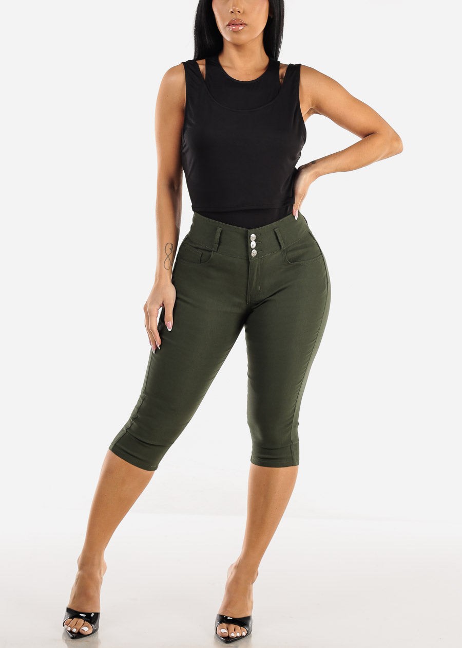 MX JEANS High Waist Hyper Stretchy Butt Lifting Capris Olive