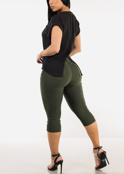 MX JEANS High Waist Hyper Stretchy Butt Lifting Capris Olive