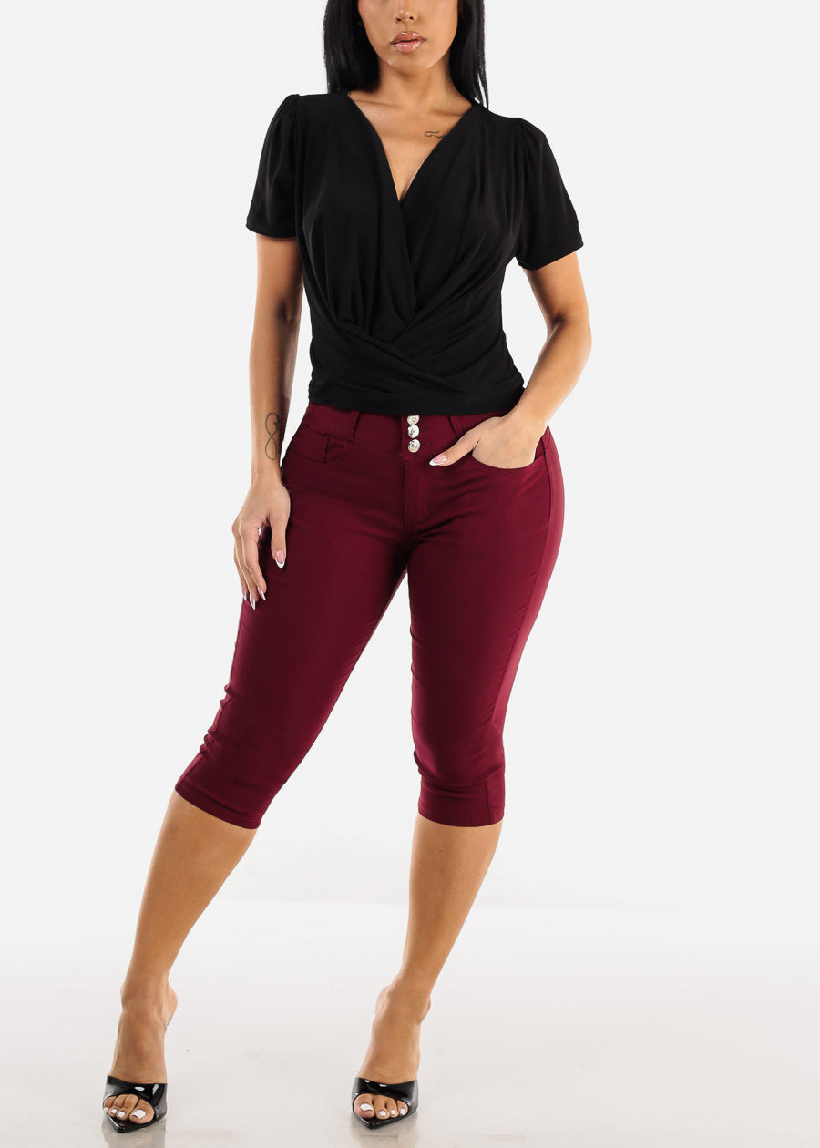 MX JEANS High Waist Hyper Stretchy Butt Lifting Capris Burgundy