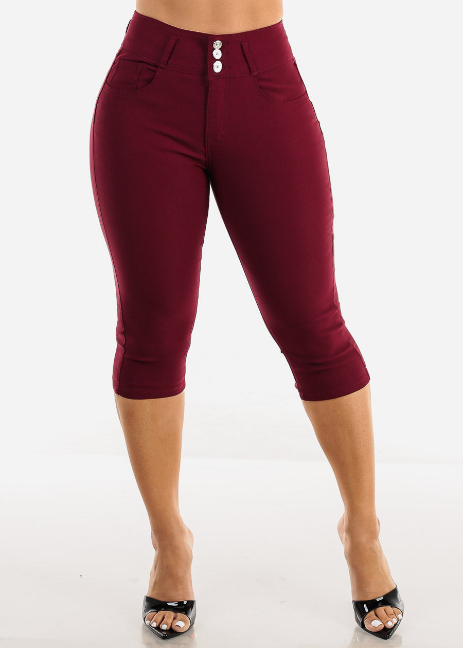 MX JEANS High Waist Hyper Stretchy Butt Lifting Capris Burgundy