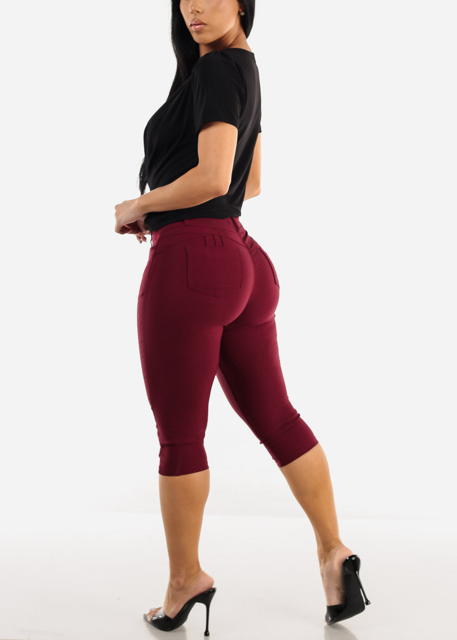 MX JEANS High Waist Hyper Stretchy Butt Lifting Capris Burgundy