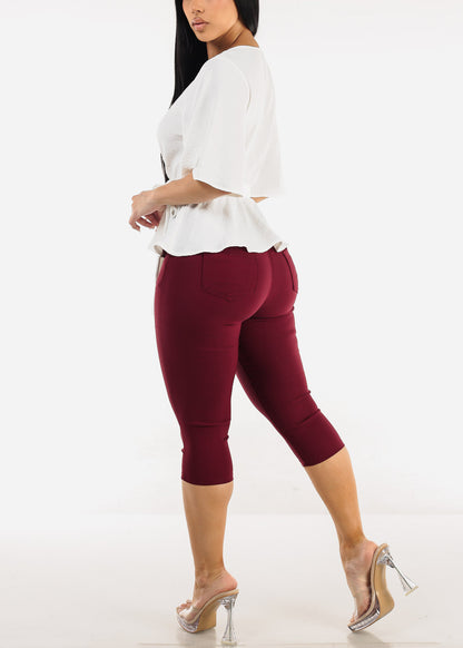 MX JEANS High Waist Hyper Stretchy Butt Lifting Capris Burgundy