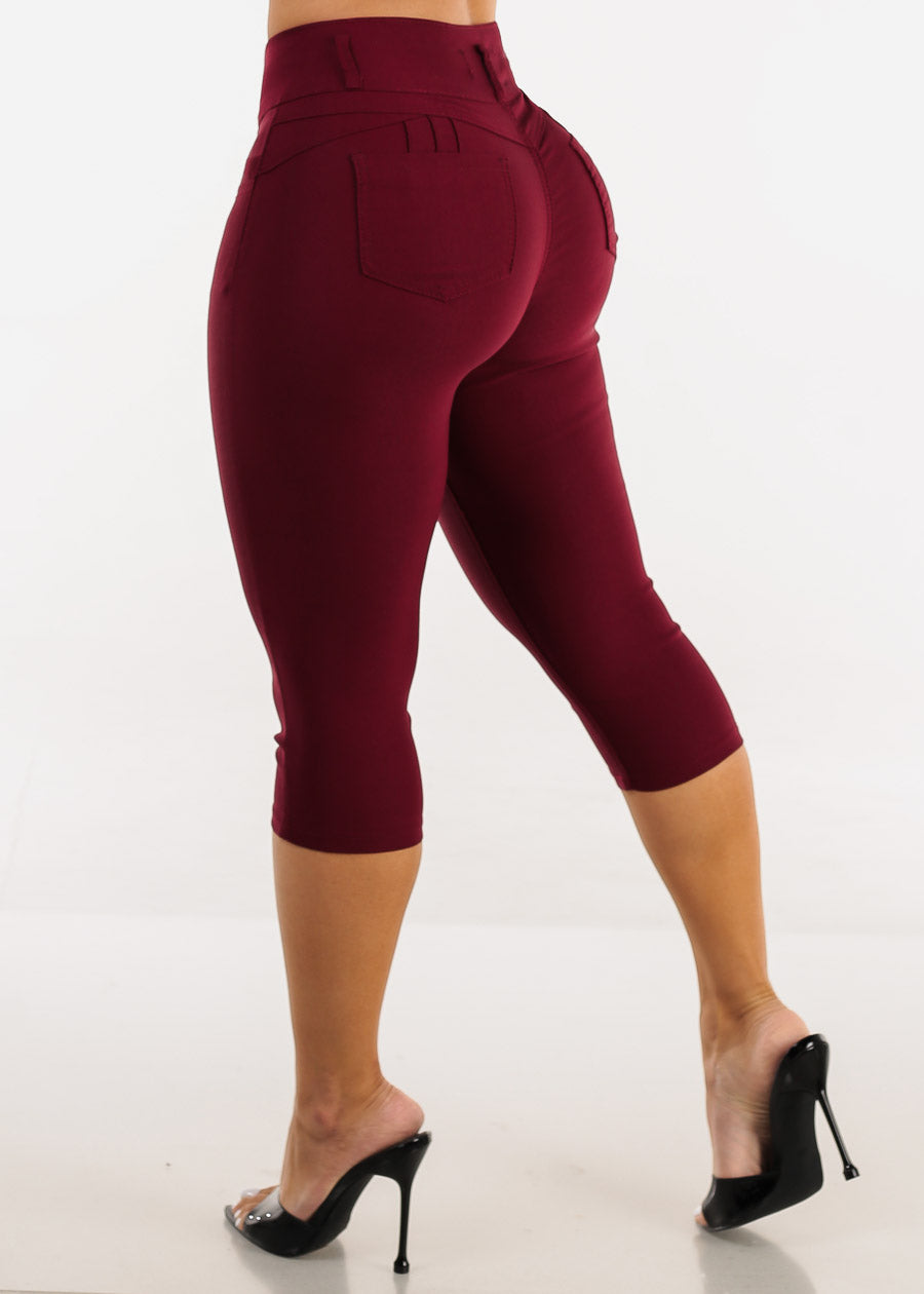 MX JEANS High Waist Hyper Stretchy Butt Lifting Capris Burgundy