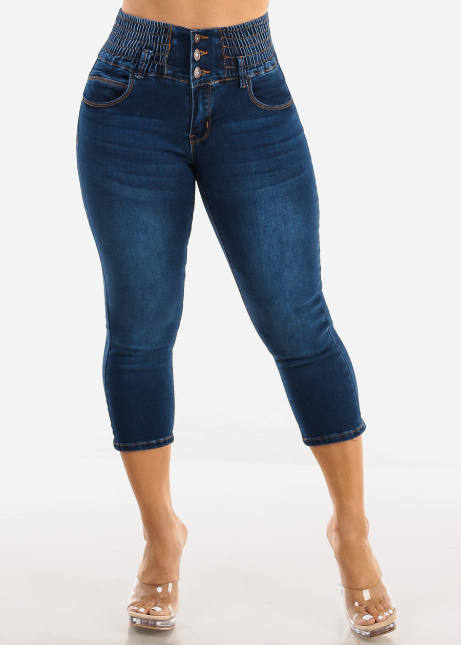 MX JEANS Stretchy High Rise Spandex Waist Dark Denim Capris