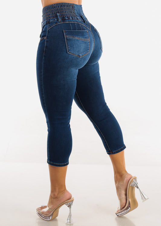 MX JEANS Stretchy High Rise Spandex Waist Dark Denim Capris