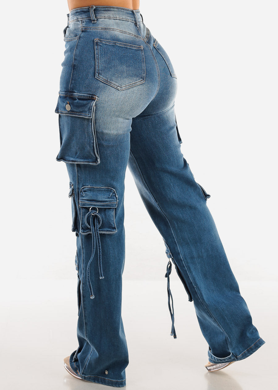 High Waisted Cargo Denim Jeans Med Wash