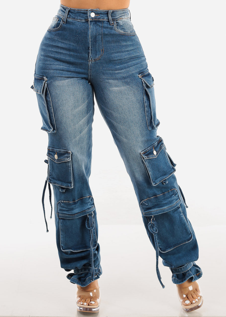 High Waisted Cargo Denim Jeans Med Wash