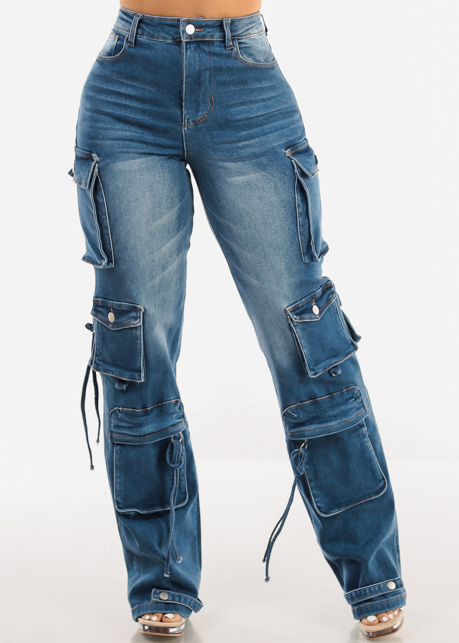 High Waisted Cargo Denim Jeans Med Wash