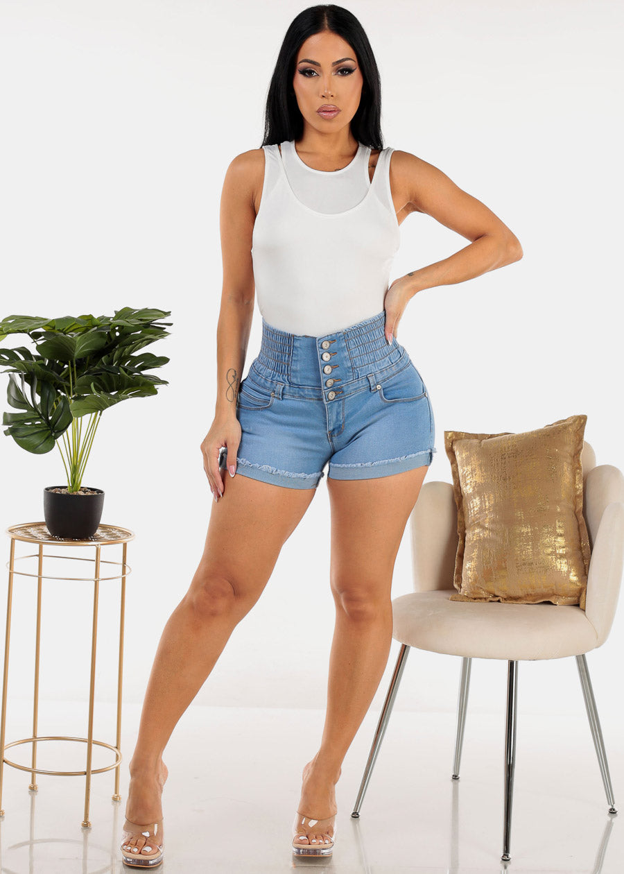 MX JEANS Super High Rise Spandex Waist Light Denim Cuffed Shorts 