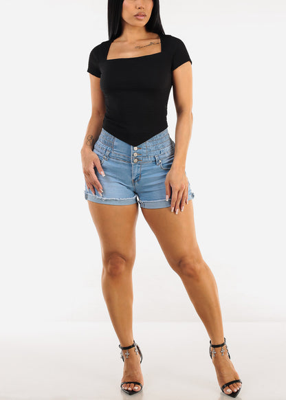 MX JEANS Super High Rise Spandex Waist Light Denim Cuffed Shorts