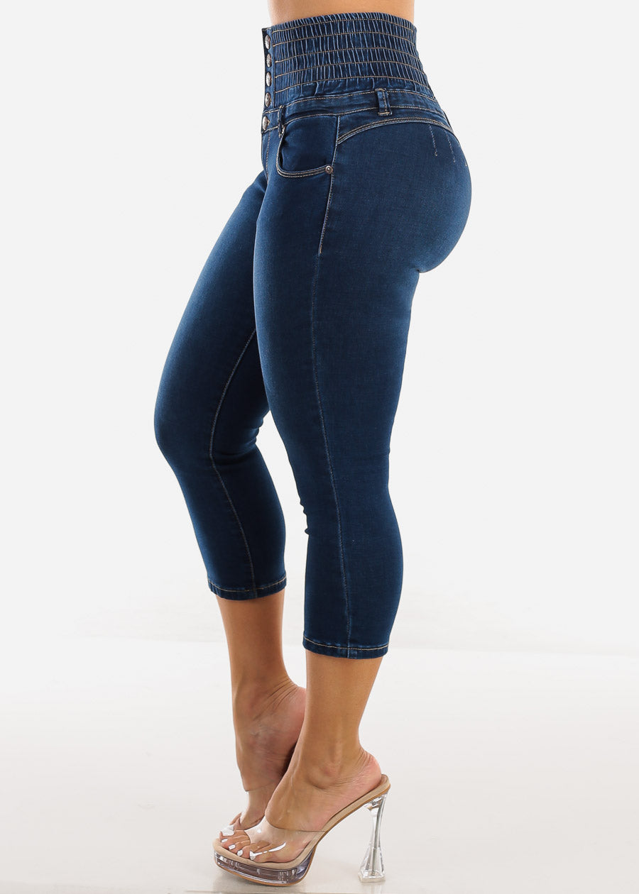 MX JEANS Super High Rise Spandex Waist Dark Denim Stretch Capris 